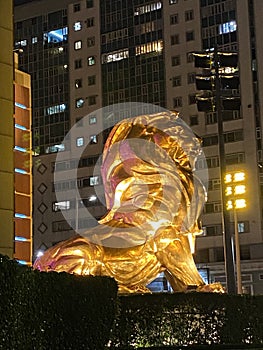 Macau MGM Macao Mgm Casino Hotel Gold Giant Golden Lion Sculpture Roar Statue Door Entrance Outdoor Wildlife Security Guard