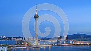 Macau tower and bridge on a blue summer night