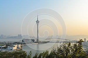 Macau tower and sai van bridge in evening at macau china