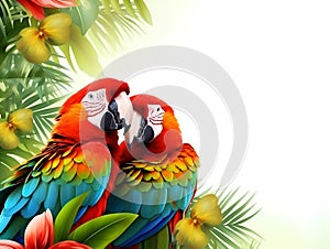 Macaw birds on and exotic background, copy space. Two colorful ara macao parrots kissing and hugging, being happy. Colorful pets.