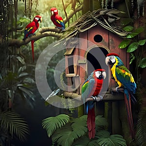 Macaw Habitats At Rainforest. Generative AI