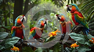 Macaw parrot birds on a branch of tree in the jungle