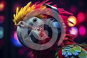 Macaw parrot DJ in headphones at a disco in a club