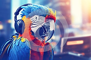 A macaw parrot with headphones working in the office. Customer support hotline concept