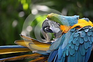 Macaw or parrot with yellow and blue feathers