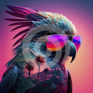 Macaw portrait. Brightly colored Macaw with glasses for summer vibes. Parrot summer tropicalpunk