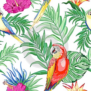 Macaws Parrots Exotic Birds and Nature Summer Vector Seamless Pattern Textile Design