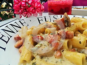 Maccheroni allo speck / Pasta allo speck / Penne allo speck / Pasta with bacon / Penne with bacon / Momento pasta / Italian lunch photo