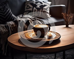 Macchiatto coffee with latte. A cup of coffee sitting on top of a wooden table