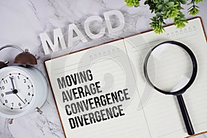 MACD - Moving Average Convergence Divergence acronym on notepad, Business concept background