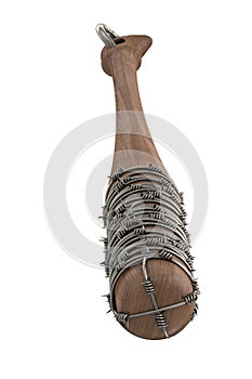Mace weapon of wood with metal spikes and wires on an isolated white background. 3d illustration
