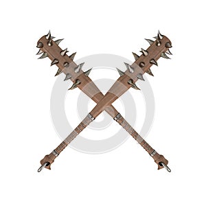 Mace weapon of wood with metal spikes and wires on an isolated white background. 3d illustration