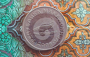 Macedonia currency denar on the banknote pattern background, close up. Photo depicts Macedonian cash shiny denari metal coins, cl