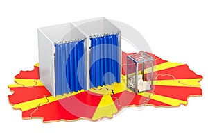 Macedonian referendum concept. Voting booths and ballot box on t