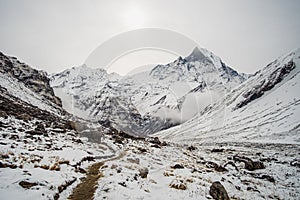 Macha Pujarae Peak Machhapuchhre or Mt. Fishtail Mt. Fishtail near the city of Pokhara Pokhara is a mountain-free zone. to