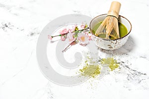 Macha tea cup stone background Food drinks