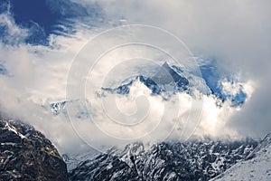Machapuchare, Machhapuchchhre or Machhapuchhre Fish Tail Mountain Peak Cloudscape Nepal Himalayas Landscape