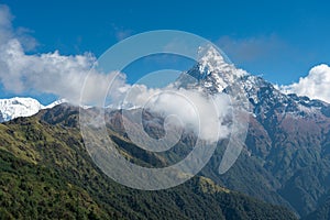 Machapuchare mountain peak , holy mountain in Annapurna range, Himalaya mountains range in Pokhara, Nepal