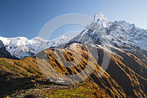 Machapuchare mountain peak, sacred peak in Annapurna range, Himalaya mountain range in Pokhara, Nepal