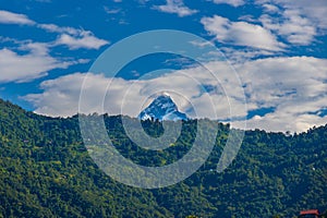 Machhapuchhare aka Mt. Fishtail in the Himalayas of Nepal captured from Sarangkot of Pokhara City