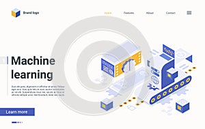 Machine ai learning process, cyber technology isometric landing page, solving problem