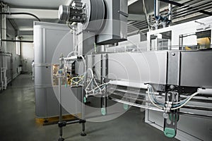 Machine for blowing plastic bottles from PET preforms, industrial conveyor belt in factory interior