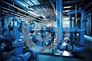 A machine in a building with pipes and valves