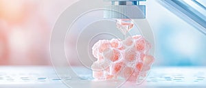 Machine builds intricate coral pink structure layer by layer with precision nozzle in bright laboratory setting with soft focus