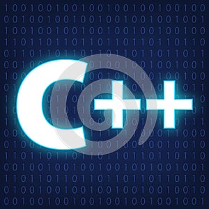 Machine code languages in neon style. Programming languages concept in blue.  C++ on binary code background.