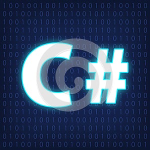 Machine code languages in neon style. Programming languages concept. C on binary code background.