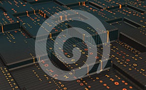 Machine code, software compiler 3D illustration. Flow of binary code in blockchain cyberspace