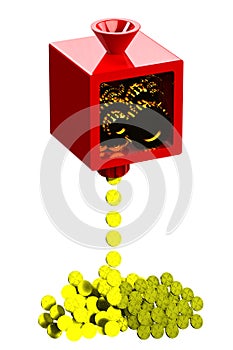 Machine creating gold coins isolated on white background