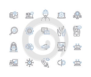 Machine-driven tools line icons collection. Automation, Efficiency, Robotics, Manufacturing, Innovation, Precision photo