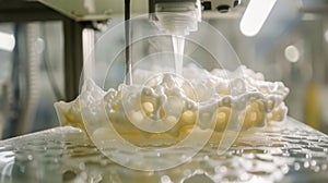 A machine extruding a soft flexible material onto a printing bed pushing the boundaries of traditional rigid 3D printing