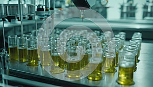A machine is filling up glass beakers with yellow liquid