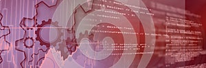 Machine gears and computer code against gradient background, technology and program coding concept