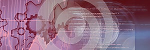 Machine gears and computer code against gradient background, technology and program coding concept