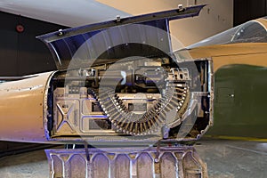 Machine gun and ammo installed on the figther jet aircraft.