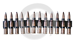 Machine gun ammo on a white background, bullet belt, bandoleer, chain of ammo on wooden background,cartridge 7.62 mm caliber, top