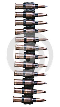 Machine gun ammo on a white background, bullet belt, bandoleer, chain of ammo on wooden background,cartridge 7.62 mm caliber, top