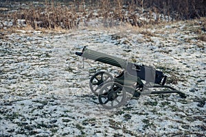 A Machine gun Maxim in service with the Soviet Red Army in the on a snowy field