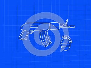 Machine gun riffle with grenade blueprint doodle art - image illustration