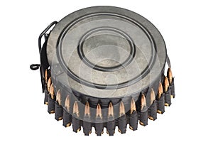 Machine gun round ammunition box with machine-gun belt isolated