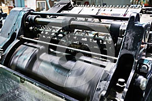 Machine, industrial and printing warehouse or factory distribution for press production, publishing or process