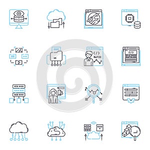 Machine intelligence linear icons set. Automation, Algorithms, Robotics, Learning, Neural, Cognitive, Recognition line photo