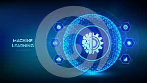 Machine learning. AI Artificial Intelligence. Data mining, Big Data, algorithm, neural network. 3D sphere globe with surface of