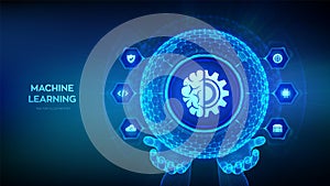 Machine learning. AI Artificial Intelligence. Data mining, Big Data, algorithm, neural network. 3D sphere with surface of hexagons