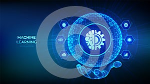 Machine learning. AI Artificial Intelligence. Data mining, Big Data, algorithm, neural network. 3D sphere with surface of hexagons