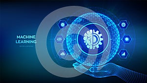 Machine learning. AI Artificial Intelligence. Data mining, Big Data, algorithm, neural network. 3D sphere with surface of hexagons