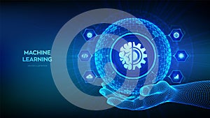 Machine learning. AI Artificial Intelligence. Data mining, Big Data, algorithm, neural network. 3D sphere with surface of hexagons